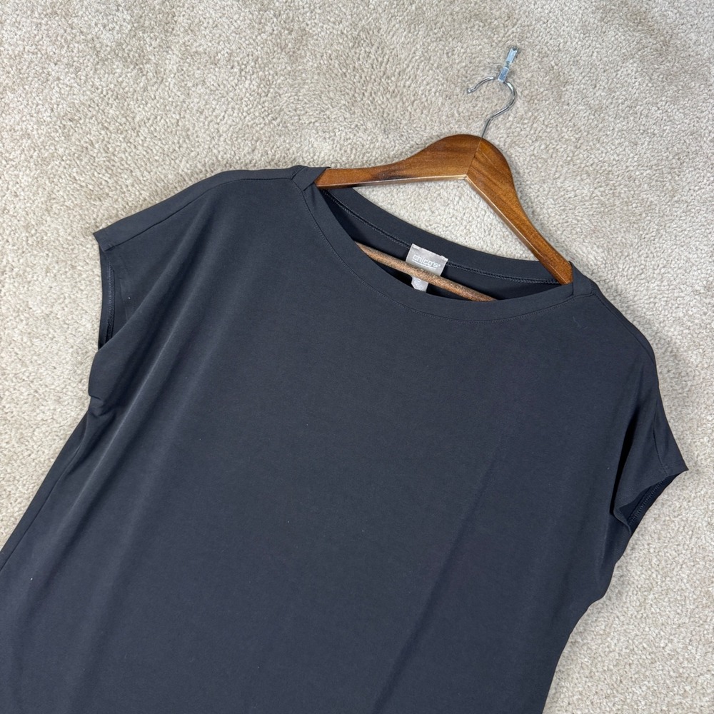 Chico's Top Womens Large 2 Black Short Sleeve Boat Neck Stretch Basic Blouse